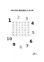 English worksheet: Wordsearch for Numbers One to Ten