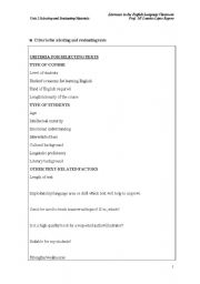 English worksheet: Criteria for evaluating and selecting texts