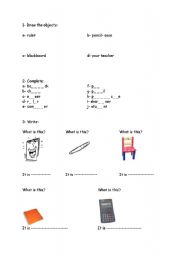 English worksheet: Classroom objects exercise