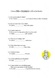 English worksheet: Will vs. Be going to (Cloze exercise)