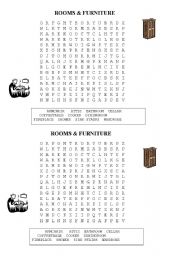English Worksheet: ROOMS & FURNITURE - a wordsearch 