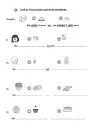 English Worksheet: Food - Likes and dislikes, complete the sentences