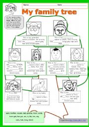 English Worksheet: My family tree (A ws to practice names of family members, possessives, be and have got) + KEY ** fully editable