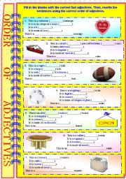 English Worksheet: Order of Adjectives with B/W and answer key - **fully editable