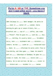 English Worksheet: a / an / the Definite or Indefinite Article