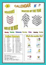 English Worksheet: Calendar: seasons, months, days of the week, ordinal numbers and weather.