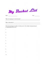 English Worksheet: My Bucket List