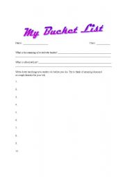 English worksheet: My Bucket List