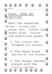 English worksheet: Colour the nouns. verbs and adjectives