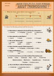 English Worksheet: HOW MUCH DO YOU KNOW ABOUT THANKSGIVING - a quiz