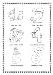 English Worksheet: Colour the Numbers 1-6