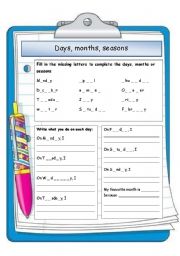 English Worksheet: Days, months, seasons gap fill and writing practice
