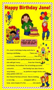 English Worksheet: Comprehension - Happy Birthday Jane