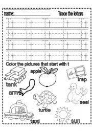English Worksheet: 2 page tracing and identifying  letter t 