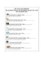 English worksheet: Ice breaker - getting to know you activity