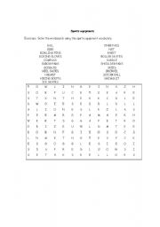 English worksheet: wORDSEARC SPORTS EQUIPMENT