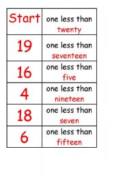 English worksheet: KS1 - Y1 Maths domino to practice ONE LESS 