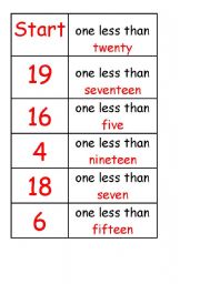 English Worksheet: KS1 - Y1 Maths domino to practice ONE LESS 