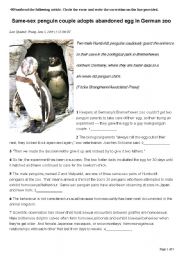 English Worksheet: Same-sex penguin couple news clipping