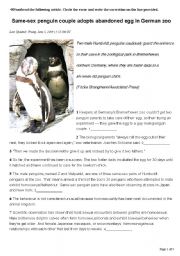 English worksheet: Same-sex penguin couple news clipping