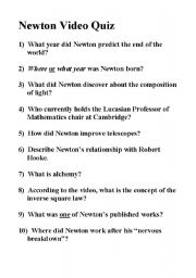 English Worksheet: Newtons Dark Secrets Vidoe Quiz (NOVA)