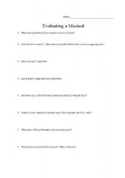 English Worksheet: Evaluating a Musical