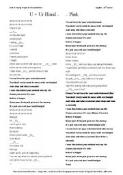 English worksheet: song u and your hand by pink
