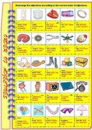 English Worksheet: Order of Adjectives - Practice exercise with B/W and answer key - **editable