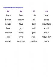 English Worksheet: Diphthong word lists for tachistoscope