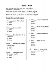 English worksheet: Many - Much