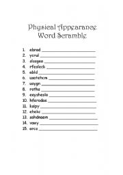 English Worksheet: Physical Appearance Word Scramble with answer key