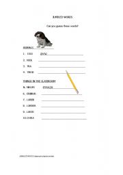 English Worksheet: Jumbled words animals and classroom objects