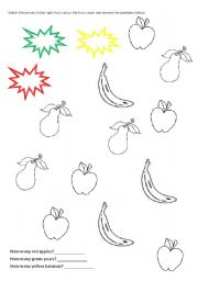 English worksheet: colours, fruit, numbers