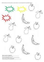 English Worksheet: colours, fruit, numbers