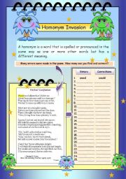 English Worksheet: Homonym Invasion 2