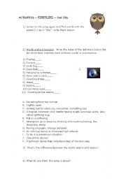 English Worksheet: Fireflies song and worksheet