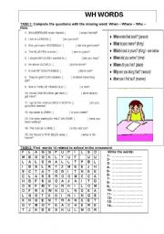 English Worksheet: wh  review + school worksheet
