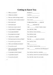English worksheet: Getting to Know You - Questions and Answers