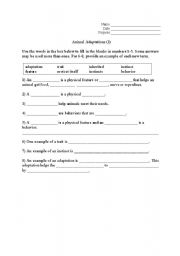 English worksheet: Animal Adaptations, Traits, Instincts