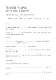 English worksheet: PRESENT SIMPLE : MISSING WORDS + QUESTIONS