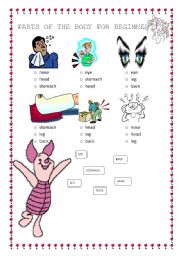 English Worksheet: 2 pages/3 exercises Parts of the body for beginners