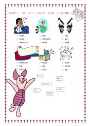 English worksheet: 2 pages/3 exercises Parts of the body for beginners