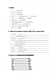 English worksheet: to be, possessive pronouns and determiners, question words,  frequency adverbs