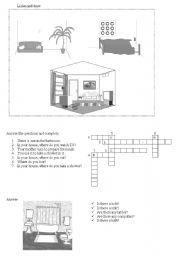 English worksheet: there is / are. prepositions. different rooms 