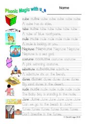 English Worksheet: 4 pages of Magic e Fun with u_e: Printing Practice, Teacher teacher card, Magic e Folder and full instructions
