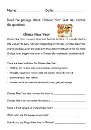 English Worksheet: Chinese New Year Comprehension