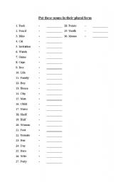 English Worksheet: Put these Nouns into their Plural form