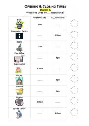 English worksheet: Opening and Closing Times