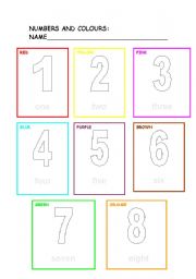 English worksheet: numbers and colours