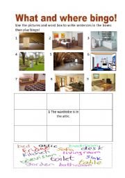 English Worksheet: What and where bingo - rooms and furniture